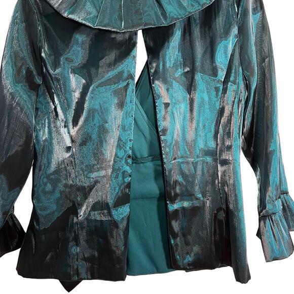 Cachet Teal Blue Evening Blouse Size 10 Shimmer Formal Fancy Sheer Classy - Picture 4 of 6